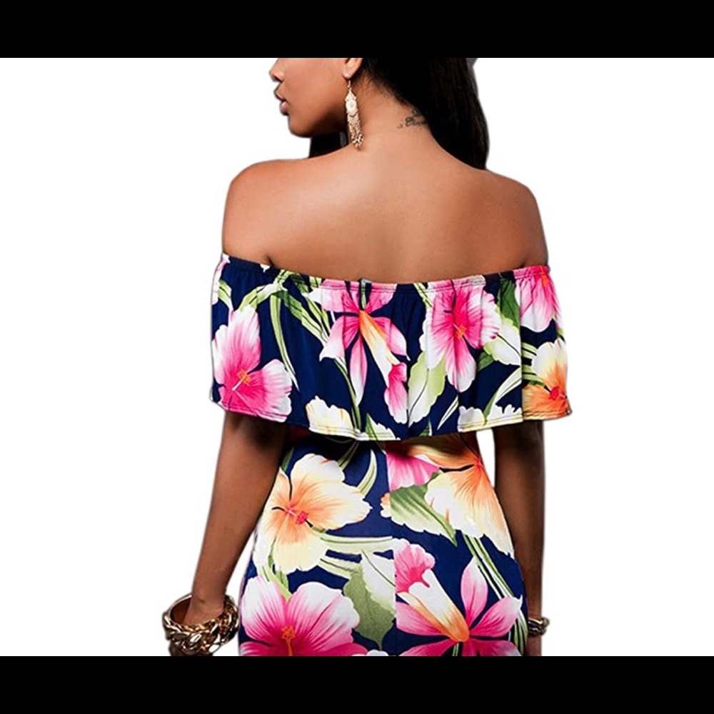 Floral Printed Off-the-Shoulder Bodycon Maxi Dress. - Picture 2 of 9